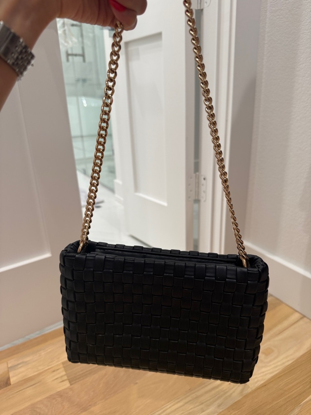 Woven Mini Shoulder Bag in Black with Gold Chain - Picture 4 of 4